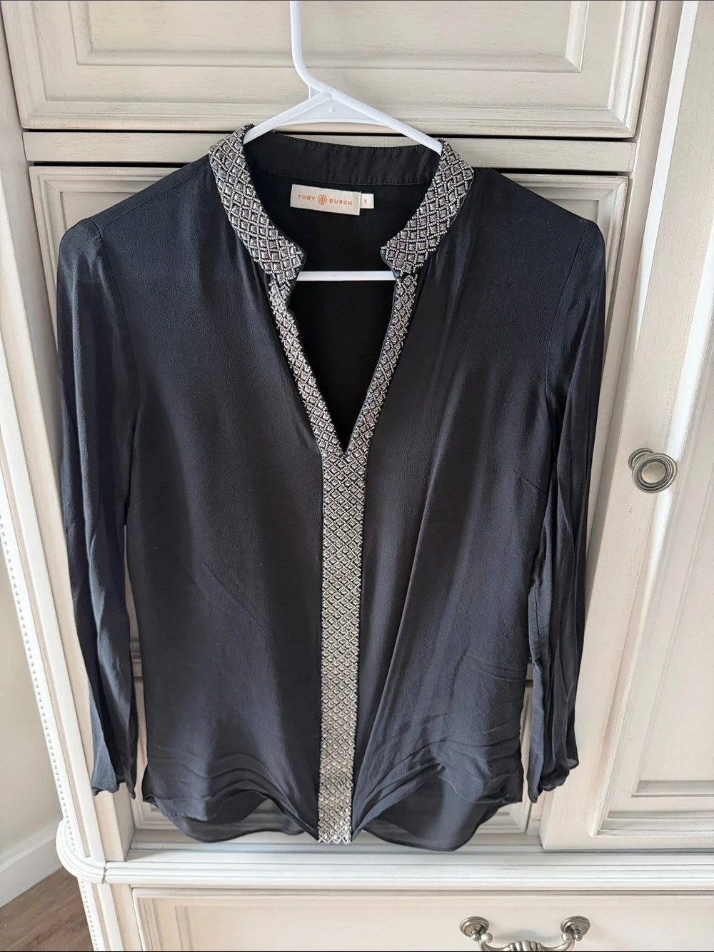 Tory Burch Black Blouse with Silver-Patterned Trim